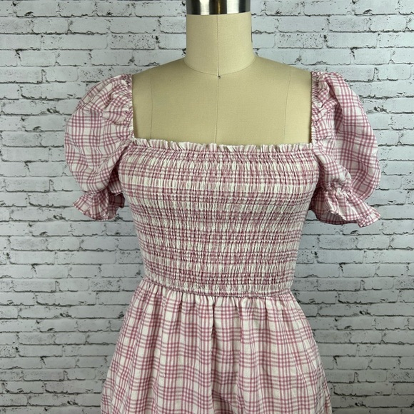 Lena | adorable pink plaid square neck line short sleeve midi dress size S - Picture 7 of 12